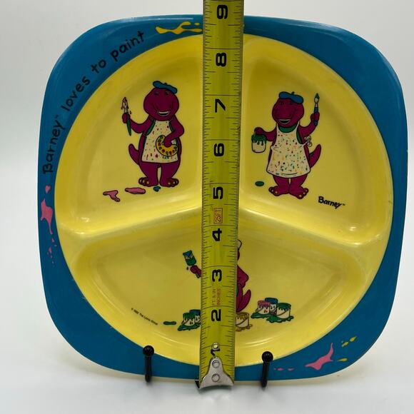 VTG 90s Barney Purple Dinosaur Loves to Paint 9" Divided Kids Plate Melamine - Picture 8 of 8